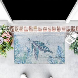 Qabliqo Coastal Beach Turtle Bathroom Decor Door Mat, Ocean Sea Turtle Coral Doormat for Front Door Outdoor Outside Entrance Porch, Ocean Coastal Bath Mats for Bathroom, 17x30 Inches
