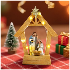 7.5" Nativity Scene with Lights - Hand Painted Nativity Sets Resin Figure, First Christmas Story Decoration Holy Family Manger Little People Nativity Set for Indoor Mantle Shelf Tabletop