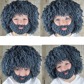 YEKEYI Kids Adult Beard Viking Knit Hat Barbarian Beanie Cap Handmade Knitted Funny Skull Cap Gray