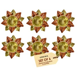 Craftsman Brass Copper Lotus Flower Petals Kamal Shape Metal Akand Diya for Traditional Indian Festive Diwali Deepawali Puja Pooja Dia Home Temple Decoration Oil Lamp Gift Items (Pack of 6)