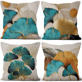 Aoihrraan 16 x 16 Inch Teal Leaf Cushion Covers Green And Gold Leaves Square Linen Decorative Throw Pillow Cover Modern Home Decor For Living Room Sofa Garden Couch Luxury Pillowcase, 41x41cm Set of 4