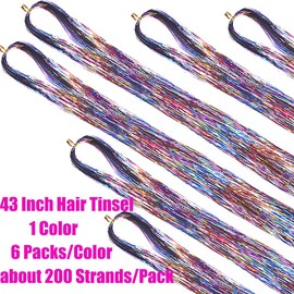 Hair Tinsel Kit with Tools 43 Inch 6 Packs 1200 Strands Tinsel Hair Extensions for Women and Girls Heat Resistant Sparkling Shiny Glitter Hair for Christmas Cosplay Party New Year (43 inch, rainbow 3)