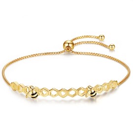 TONGZHE Honeycomb Bee Bracelet Beehive Hand Chain Sterling Silver 925 Adjustable 10" for Women Girls