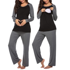 Ekouaer Women's Nursing Pyjamas Long Maternity Two Piece Pyjamas Long Sleeve Maternity Fashion Winter Hospital Leisure Suit for Pregnancy S-XXL, 1 Black/Grey