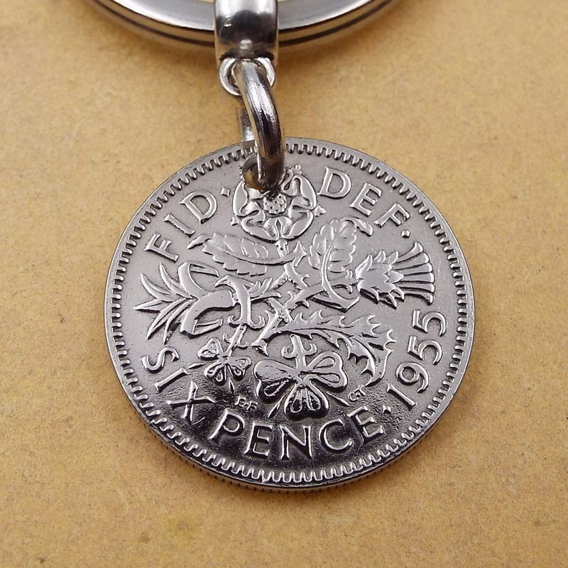 A Silver Dream 1955 Sixpence Coin Keyring 70th Birthday Anniversary