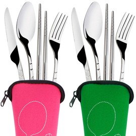 8 Pieces Flatware Sets Knife, Fork, Spoon, Chopsticks, SENHAI 2 Pack Rustproof Stainless Steel Tableware Dinnerware with Carrying Case for Traveling Camping Picnic Working Hiking(Green,Pink)