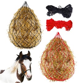 Swpeet 2Pcs 36 Inch Red and Black Slow Feed Hay Net Nylon Rope Hanging for Horses, Adjustable Travel Feeder General Slow Hay Feeder Hay Nets with Ring On Top, for Trailer and Stall, Simulates Grazing
