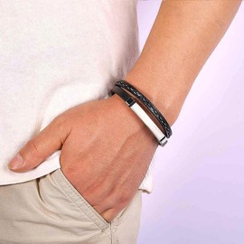 Suyi Men's Adjustable Bracelet Leather Wrap Bracelet Stainless Steel Cuff Bracelet Silver4