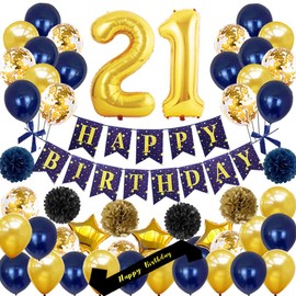 yujiaonly 21T Birthday Party Decorations-Happy Birthday Banner Gold Number 21ST Balloons Happy Birthday Sash Latex and Confetti Balloons Perfect for 21 Years Old Party Supplies Balloons Dark Blue