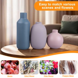 Ceramic Modern Farmhouse Vase, Set of 3 for Table, Living Room, Shelf, Bookshelf and Entryway Décor (Morandi)