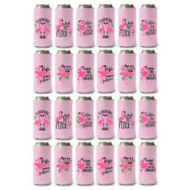 Pink Flamingo Skinny Can Coolers - Insulated 12oz Beverage Beer Soda Coozies Party Favors Supplies Decor (Set of 24)
