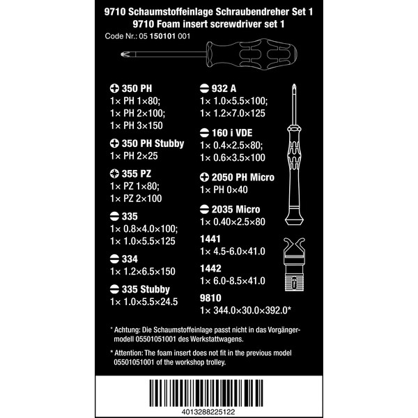 Wera 9710 Foam Insert "Screwdrvr Set 1"