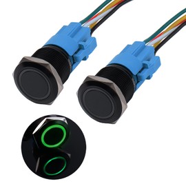 JIQI 2 x 19 mm Pressure Switch 12 V to 24 V 3 A Waterproof Latch Switch Made of Aluminium Alloy IP66 1NO1NC Pre-Wired Locking Black Push Button with LED Light for Motorcycle Boat Truck RV (Green)