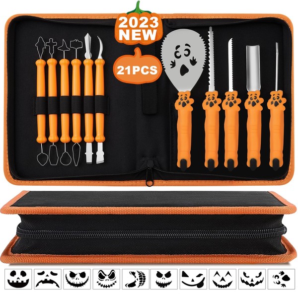 Guheake Pumpkin Carving Kit,21PCS Heavy Duty Stainless Steel Pumpkin Carving Tools and Knives, Professional Pumpkin Carving Set with Carrying Case for Halloween Decoration Jack-O-Lanterns