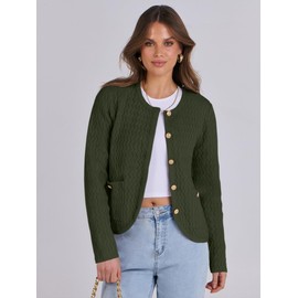 Caracilia Women's Cropped Cardigan Sweaters Open Front Button Down Knit Lady Jackets Outerwear with Pocktes 2024 Fall Clothes Army Green L