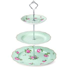 BTaT- 3-Tier Dessert Stand, Green, Afternoon Tea Stand, Porcelain Dessert Tower, 3 Tier Tea Sandwich Stand, Tiered Plate Stand, Tiered Plate Stand, Tea Party Tray 3 Tier