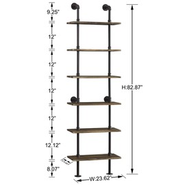 Hombazaar Industrial 6-Tier Modern Ladder Shelf Bookcase, Vintage Metal Pipes and Wood Shelves, Rustic Display Bookshelf for Storage Collection,Retro Brown