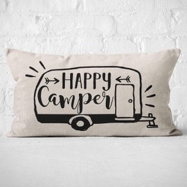 Mancheng-zi Happy Camper Throw Pillow Case, Campers Gifts, Camper Decor, RV Decor, Welcome Lumbar Decorative, 20 x 12 Inch RV Trailer Decorative Linen Cushion Cover for Sofa Couch Bed