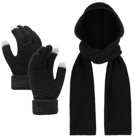 Chuarry 2 Pcs Winter Knitted Hooded Hat Long Scarf for Women and Touch Screen Gloves Set, 2 in 1 Hooded Hat Scarf Wrap Shawl and Warm Plush Lined Cuff Winter Texting Gloves for Men Women, Black