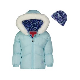 LONDON FOG Toddler Jacket for Girls - Warm, Hooded Puffer Winter Jacket With Matching Beanie, Seafoam, Size 3T