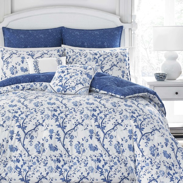 Laura Ashley Home - Elise Collection - Luxury Ultra Soft Comforter, All Season Premium Bedding Set, Stylish Delicate Design for Home Décor, Blue, King