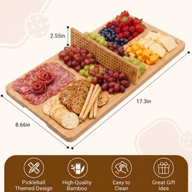 Bamboo Pickleball Court Charcuterie Board with Removable Net and 4 Forks,2-in-1 Serving and Cutting Board with Engraved Snack Zones for Parties,Unique Pickleball Gift for Women and Men