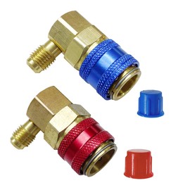 AC R134a Quick Coupler Adapter, 90 Degree Angle High Low Connector Kit with 1/4" SAE Male Flare, Auto Air Condition Freon Manifold Gauge Hose Conversion Set
