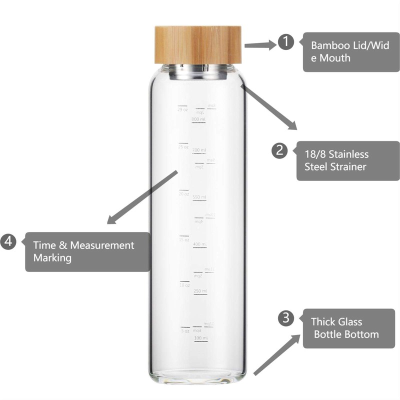 sunkey Glass Water Bottle 32 oz Wide Mouth with Sleeve