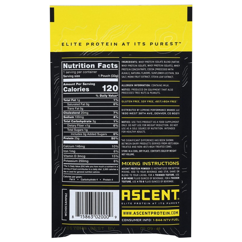 Ascent Chocolate Whey Protein Powder Packet, 1.16 OZ