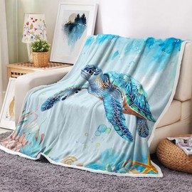 Turtle Blanket, Sea Animal Turtle Throw Blanket Kids' Blankets Throws Sea Turtle Gifts for Women Aqua Teal Blue Super Soft Starfish Throw Blanket for Couch Sofa Bed Turtle Shell Blanket(50"x 60")