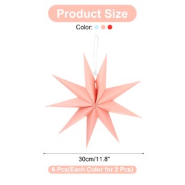 MECCANIXITY 6 Pcs Paper Star Lanterns 9-Pointed 12" Hanging Star Paper Lantern Hanging Lampshade for Christmas,Wedding,Graduation Party Supplies, Blue, Pink, Red