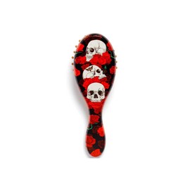 Wooden Hair Brush "Head of Roses" - Bamboo Brush with Skulls and Roses - Motif 2 - Length 17 cm - Skull Hairdresser Bathroom Decoration Hair Accessory
