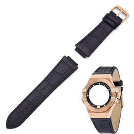 THEAGE 24MM Genuine Leather Watch Strap Band Replacement for MASERATI Mens Watches R8821108025 R8851108002 (Black1 & RG buckle)