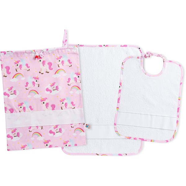FILET - Nursery Set 3 Pieces Unicorn Pattern with Embroidered Aida Fabric, Consisting of Bag, Towel and Bib in White Sponge, 100% Cotton, Made in Italy