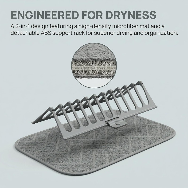 Microfiber Dish Drying Mat with Removable Plate Rack Organizer 18"x14"