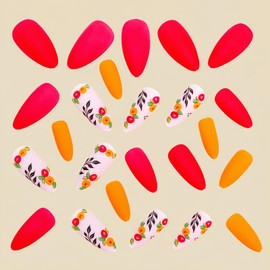 Matte Press on Nails Medium Length Almond Acrylic Fake Nails Red Yellow French False Artificial Nails Reusable Almond Nails Press on Cute Flower Stick on Nails for Women Girls 24Pcs