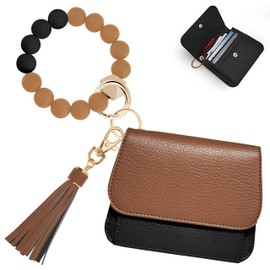 Sunpour Keychain Wallet RFID Wristlet Wallets for Women,Small Wallets Woman Key Chain Wallet with Coin Pocket and Id Window (Brown＆Black)