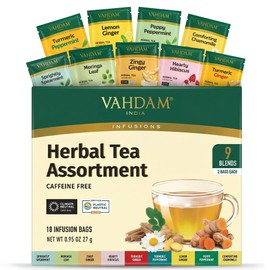 VAHDAM, Assorted Herbal Tea Sampler (18 Tea Bags, 9 Flavors) Caffeine-Free, Non-GMO | Double Infusion, Individually Enveloped Tea Bags | Herbal Tea Assortment