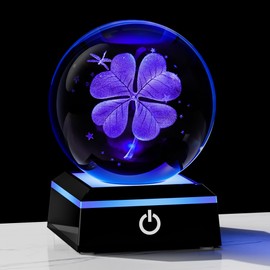 3D Four Leaf Clover 80mm Crystal Ball Good Luck Gifts Ideas with Multicolor Lighting Base - Irish Gifts Decor