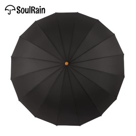 SoulRain 16 Ribs 48" Stick Umbrella Auto Open Solid Color Fashionable and Simple，Arc Classic Wood Handle，Windproof Unbreakable Stick Rain Umbrella (Black)…