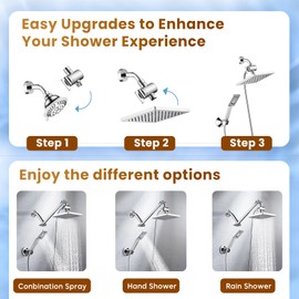 BRIGHT SHOWERS Rain Shower Head with Handheld Spray, 8 Inch High Pressure Rainfall Shower Head Combo with 60” Hose, Adjustable Dual Square Showerhead with 3-Way Diverter, Wall Bracket, Chrome