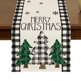 Pine Trees Merry Christmas Table Runner 13x72 Inch Black White Buffalo Plaid Winter Xmas Kitchen Dining Table Decor for Indoor Outdoor Farmhouse Home Party Decoration ZQ69