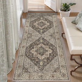 Tangsoo 2x5 Washable Runner Rug for Hallways, Non Slip Vintage Runner Rug, Soft Low Pile Long Rug Runner, Print Distressed Brown/Grey Carpet Runners for Kitchen Bedroom Entryway Bathroom Living Room