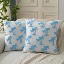 KOOLIFE Coastal Blue Coconut Trees Couch Throw Pillow Covers 18x18 Inch Set of 2 Hampton Style Embroidery Decorative Pillow Covers Beach Summer Cushion Covers for Home Decor Sofa Bedroom Living Room