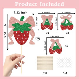 12PC Strawberry Centerpieces Sticks Baby Shower Coquette Bow Strawberry Party Decorations for Girls Birthday Anniversary Party Decoration Supplies Rose Gold Glitter