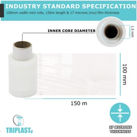 Triplast 1 Roll x 100mm Clear Mini Stretch Shrink Wrap | 150m Long Roll, Mini Core, 17mu Thick | Pallet Wrap, Cling Film, Plastic Wrap | Packaging for Removals, Industrial & Warehouse Use