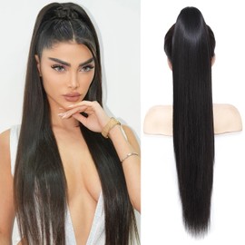 XCHJH Ponytail Extension Claw Clip Jaw On Ponytail Extensions Synthetic Hair Extension 28" Long Straight Clip in Natural Soft Drawstring Ponytail Hairpiece for Women (Dark Brown)
