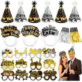 HOWAF 36pcs New Years Eve Party Supplies 2025, 2025 NYE Party Decor Favors- 6pcs Happy New Year Cone Hats New Year Headband 12pcs New Year Laser Eyeglasses 12pcs New Year Blowouts, Black Gold Silver