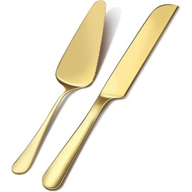 FeelGlad - Juego de 2 cuchillos para tartas de boda, juego de 2 cuchillos y servidores, elegante cuchillo y servidor con bordes redondeados de acero inoxidable grueso para boda, cumpleaños, oro