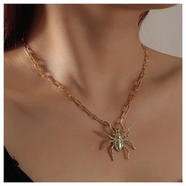 Allereyae Vintage Spider Pendant Necklace Punk Spider Choker Necklace Insect Arachnid Necklace Gold Paperclip Chain Necklace Jewelry for Women
